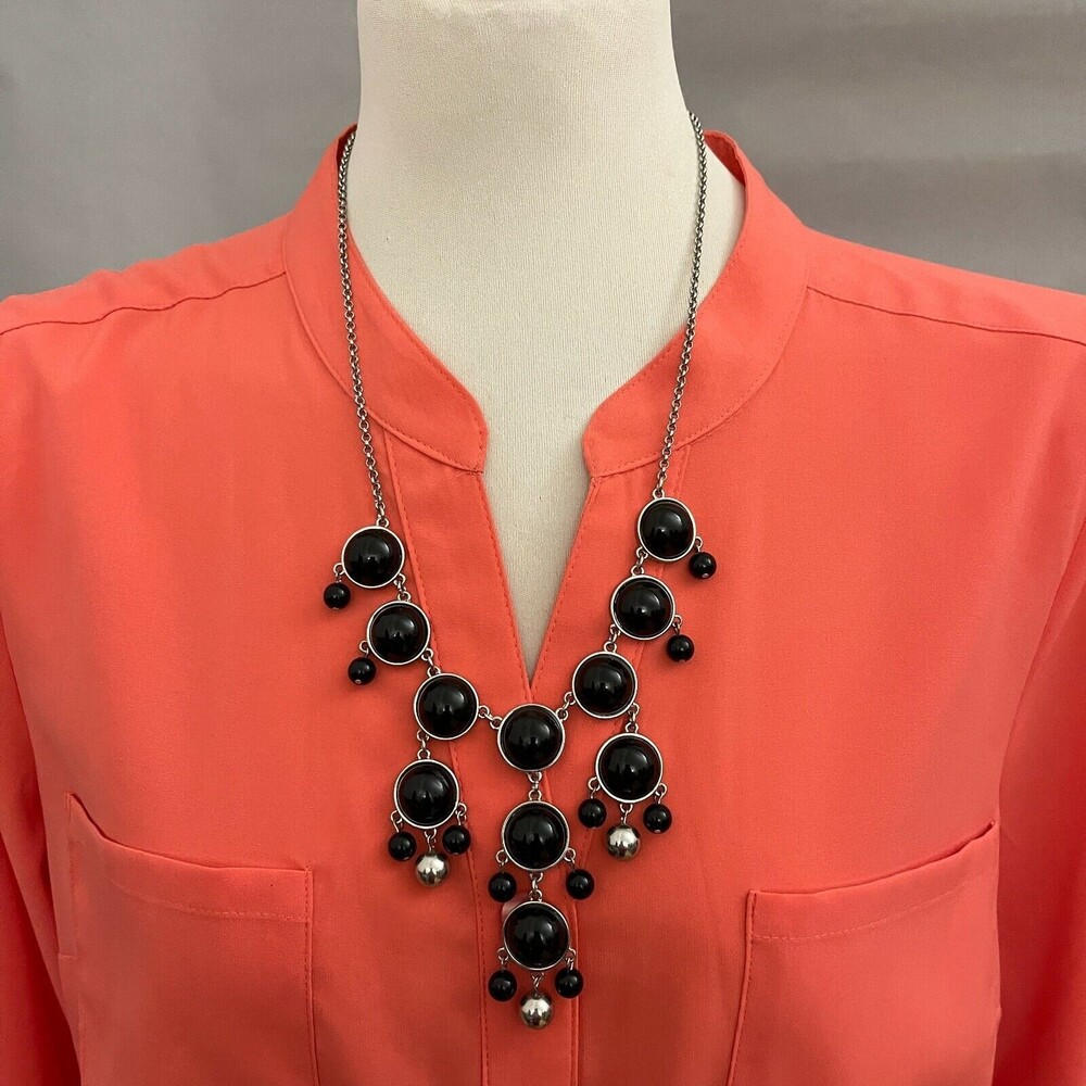 Silver-tone Black Beaded Women's Fashion Statement Necklace NWOT